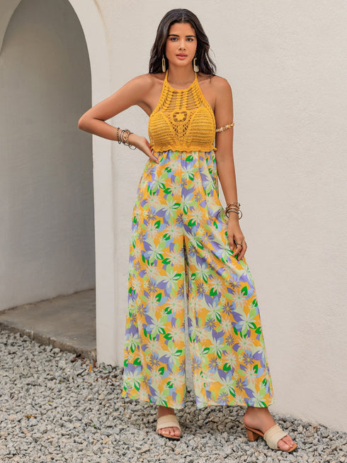 Openwork Halter Neck Floral Wide Leg Jumpsuit - Odaingerous